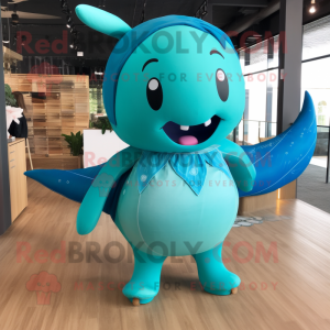 Turquoise Whale mascot costume character dressed with a Bikini and Hair clips