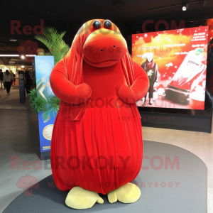 Red Walrus mascot costume character dressed with a Ball Gown and Clutch bags