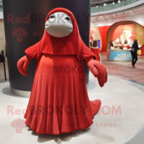 Red Walrus mascot costume character dressed with a Ball Gown and Clutch bags