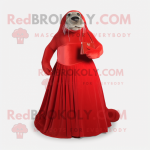 Red Walrus mascot costume character dressed with a Ball Gown and Clutch bags