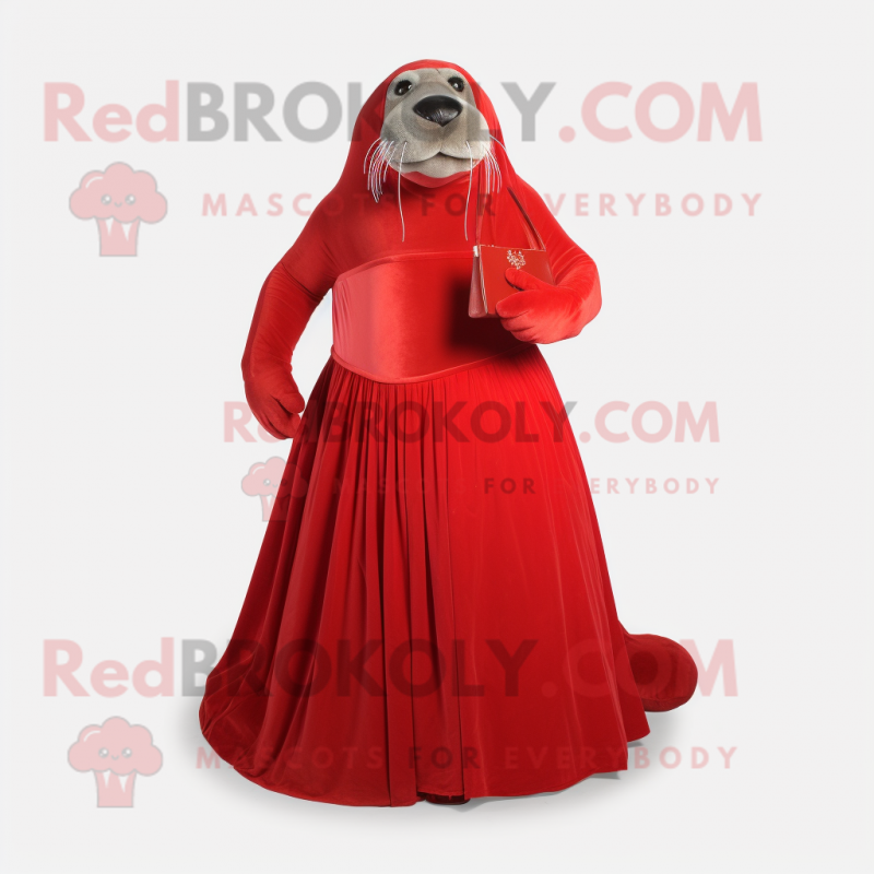 Red Walrus mascot costume character dressed with a Ball Gown and Clutch bags Red Walrus mascot costume character dressed with a Ball Gown and Clutch bags