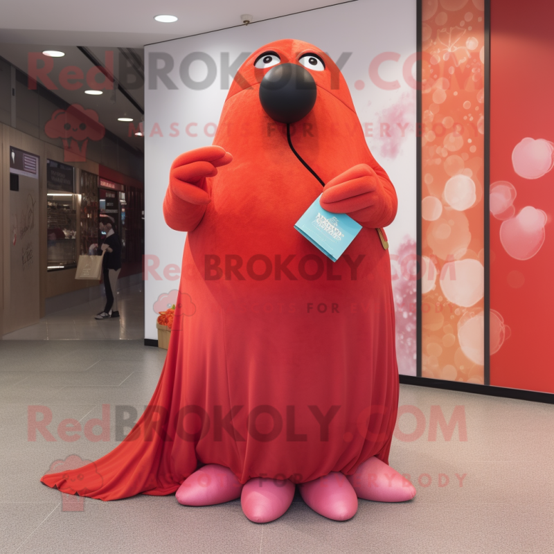 Red Walrus mascot costume character dressed with a Ball Gown and Clutch bags Red Walrus mascot costume character dressed with a Ball Gown and Clutch bags