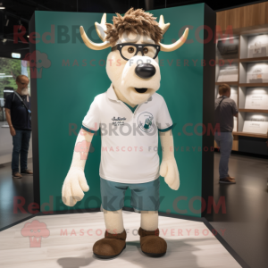 White Irish Elk mascot costume character dressed with a Henley Tee and Eyeglasses