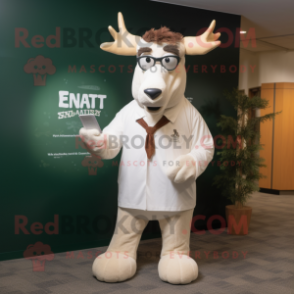 White Irish Elk mascot costume character dressed with a Henley Tee and Eyeglasses