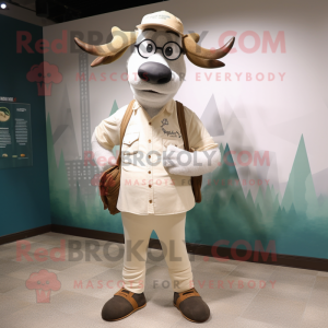 White Irish Elk mascot costume character dressed with a Henley Tee and Eyeglasses