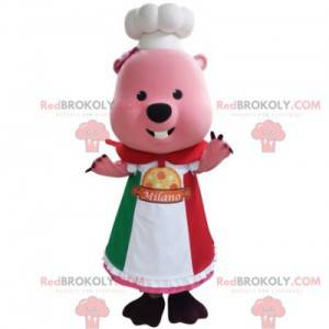 Mascotte de castor rose habillé en tenue de chef cuisinier -