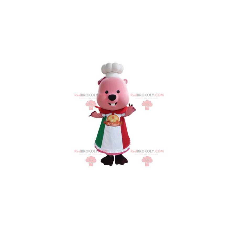 Mascotte de castor rose habillé en tenue de chef cuisinier -