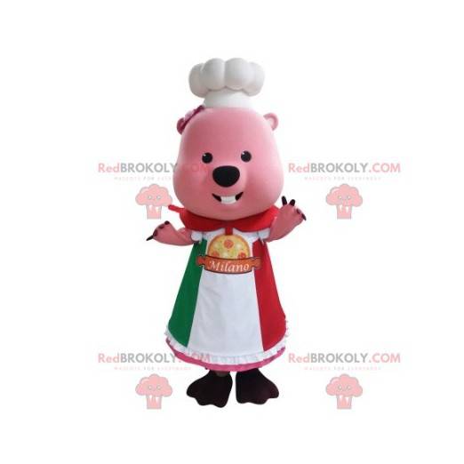 Mascotte de castor rose habillé en tenue de chef cuisinier -