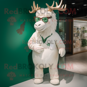 White Irish Elk mascot costume character dressed with a Henley Tee and Eyeglasses