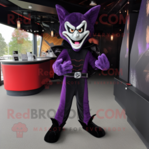 Purple Vampire mascot costume character dressed with a Jumpsuit and Belts