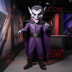 Purple Vampire mascot costume character dressed with a Jumpsuit and Belts