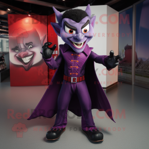 Purple Vampire mascot costume character dressed with a Jumpsuit and Belts