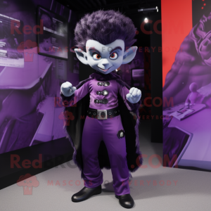 Purple Vampire mascot costume character dressed with a Jumpsuit and Belts