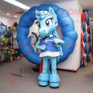 Sky Blue Horseshoe mascot costume character dressed with a Skirt and Hair clips