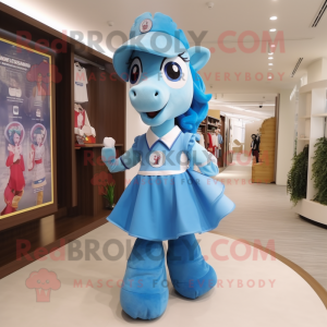 Sky Blue Horseshoe mascot costume character dressed with a Skirt and Hair clips