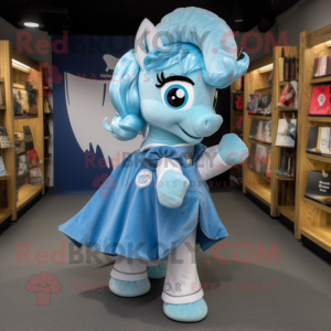 Sky Blue Horseshoe mascot costume character dressed with a Skirt and Hair clips