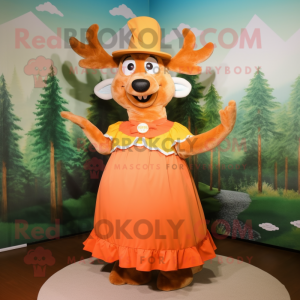 Peach Elk mascot costume character dressed with a Empire Waist Dress and Hats