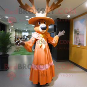 Peach Elk mascot costume character dressed with a Empire Waist Dress and Hats