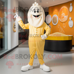 Cream Paella mascot costume character dressed with a Capri Pants and Cufflinks