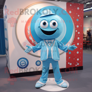 Sky Blue Plate Spinner mascot costume character dressed with a Graphic Tee and Lapel pins