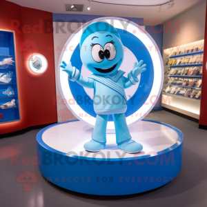 Sky Blue Plate Spinner mascot costume character dressed with a Graphic Tee and Lapel pins