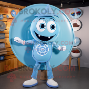 Sky Blue Plate Spinner mascot costume character dressed with a Graphic Tee and Lapel pins