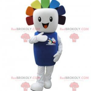 Mascote do boneco de neve branco com cabelo colorido -