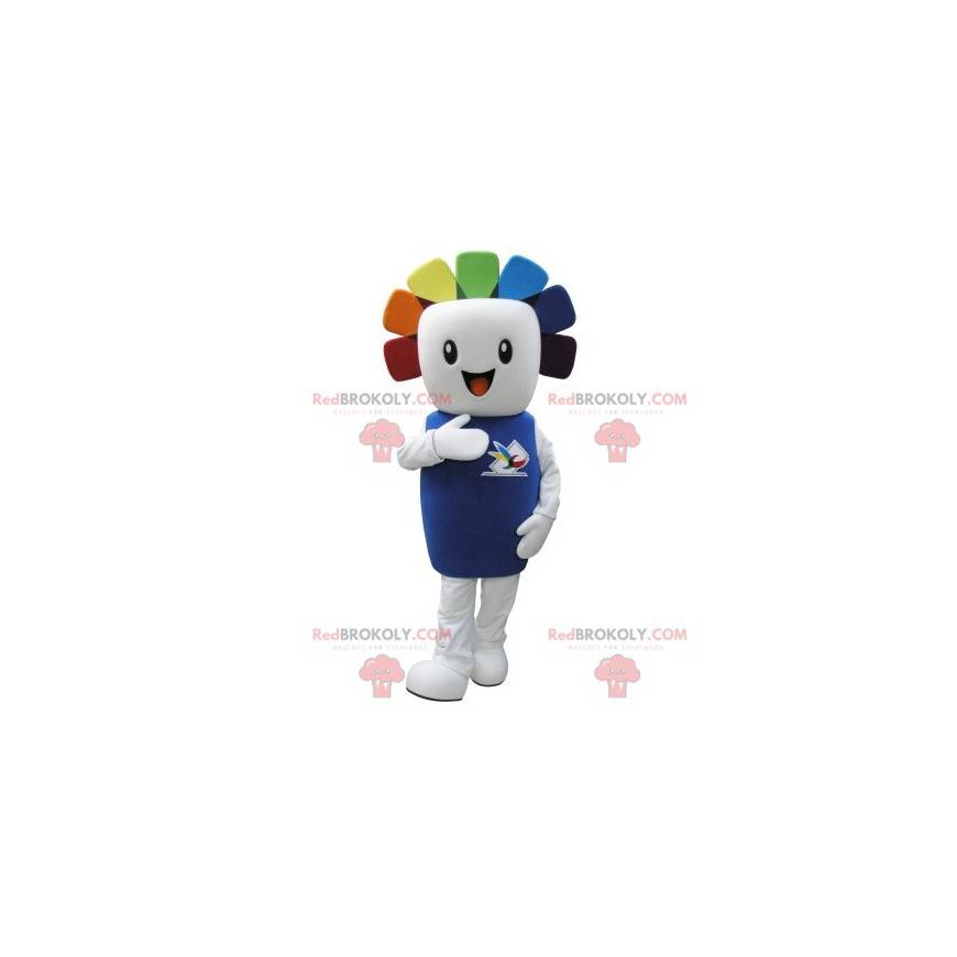 Mascote do boneco de neve branco com cabelo colorido -