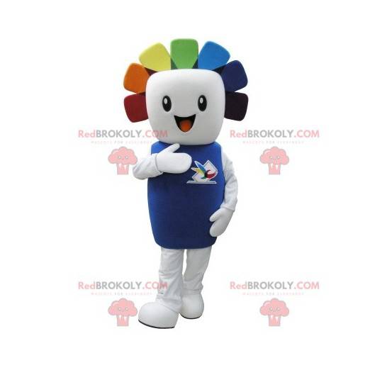 Mascote do boneco de neve branco com cabelo colorido -