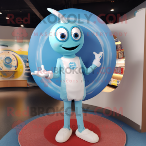 Sky Blue Plate Spinner mascot costume character dressed with a Graphic Tee and Lapel pins