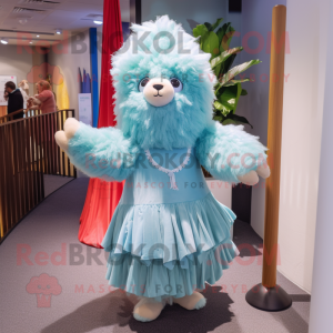 Sky Blue Alpaca mascot costume character dressed with a Pleated Skirt and Hairpins