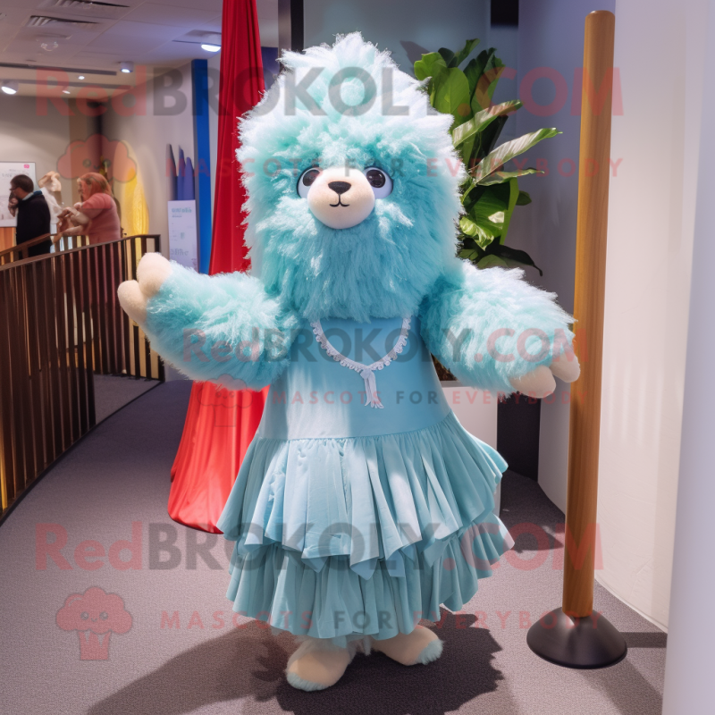 Sky Blue Alpaca mascot costume character dressed with a Pleated Skirt and Hairpins Sky Blue Alpaca mascot costume character dressed with a Pleated Skirt and Hairpins