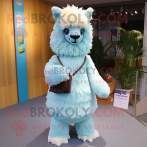 Sky Blue Alpaca mascot costume character dressed with a Pleated Skirt and Hairpins