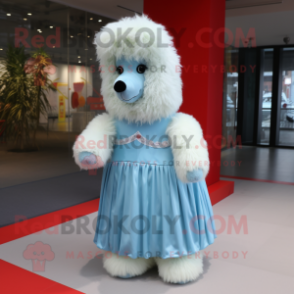 Sky Blue Alpaca mascot costume character dressed with a Pleated Skirt and Hairpins