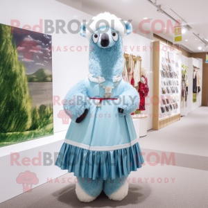 Sky Blue Alpaca mascot costume character dressed with a Pleated Skirt and Hairpins
