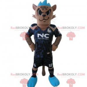 Mascote tigre com roupa de jogador de futebol e crista azul -