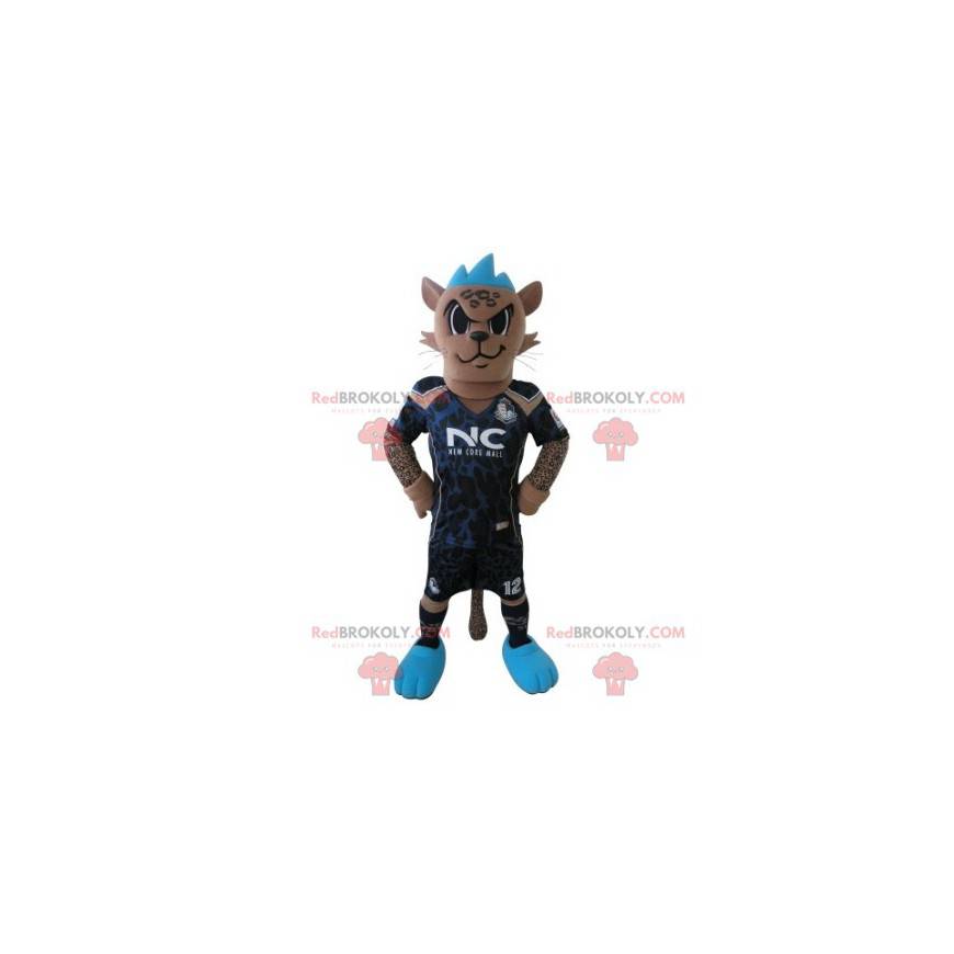 Mascote tigre com roupa de jogador de futebol e crista azul -