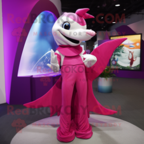 Magenta Dolphin mascot costume character dressed with a Sheath Dress and Rings