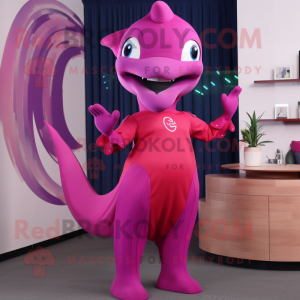 Magenta Dolphin mascot costume character dressed with a Sheath Dress and Rings