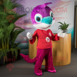 Magenta Dolphin mascot costume character dressed with a Sheath Dress and Rings