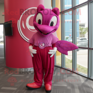 Magenta Dolphin mascot costume character dressed with a Sheath Dress and Rings
