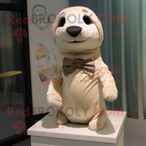 Beige Seal mascot costume character dressed with a Blouse and Bow ties