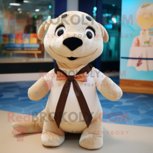 Beige Seal mascot costume character dressed with a Blouse and Bow ties