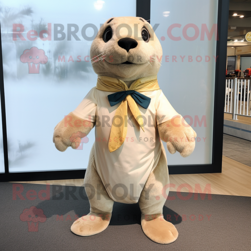Beige Seal mascot costume character dressed with a Blouse and Bow ties Beige Seal mascot costume character dressed with a Blouse and Bow ties