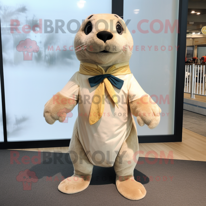 Beige Seal mascot costume character dressed with a Blouse and Bow ties