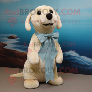 Beige Seal mascot costume character dressed with a Blouse and Bow ties