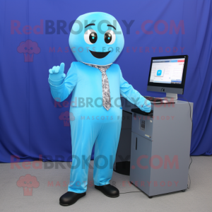 Sky Blue Computer mascot costume character dressed with a Suit and Gloves