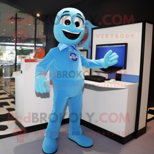 Sky Blue Computer mascot costume character dressed with a Suit and Gloves