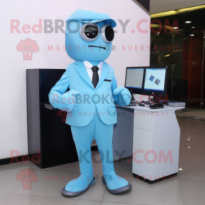 Sky Blue Computer mascot costume character dressed with a Suit and Gloves