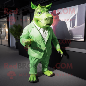 Lime Green Rhinoceros mascot costume character dressed with a Romper and Cufflinks